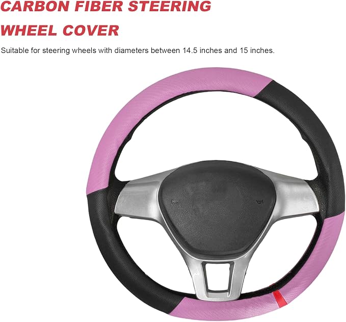 Car Steering Wheel Cover, Breathable Carbon Fiber Wheels Protective Cover Interior Accessories, Universal Anti Slip Protector for Most 14.5-15 Inch Steering Wheels (Pink)