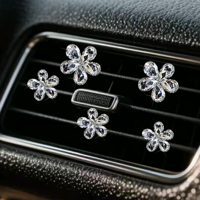 Zpana Bling Daisy Flower Car Air Vent Clips, 5PCS Sparkling Crystal Rhinestone Cute Vehicle Air Conditioning Clamp, Diamond Auto Air Outlet Clip Decor for Women Girls, Universal Fit (White)