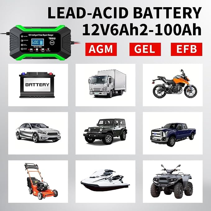 Car Battery Charger, 12V 6A Smart Battery Trickle Charger Automotive 12V Battery Maintainer Desulfator with Temperature Compensation for Car Motorcycle Mower Marine Lead Acid Batteries (Green)