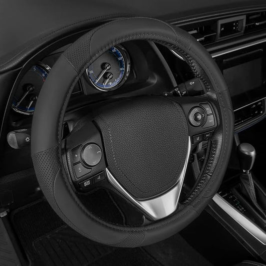 Motor Trend Perforated Microfiber Leather Steering Wheel Cover for Cars Trucks SUVs Vans, Sporty Racing Improved Grip Anti-Fatigue Ergonomic Design, Airbag Compatible - Fits Standard 15" Inch - Black