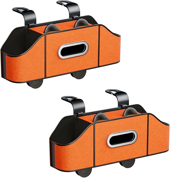 2 Pack 4-in-1 Car Backseat Organizer, PU Leather Headrest Storage Box with Tissue Holder, Dual Cup Holders, Phone Stand & Hooks, Universal Fit for Most Cars, Road Trip Essentials (Orange)