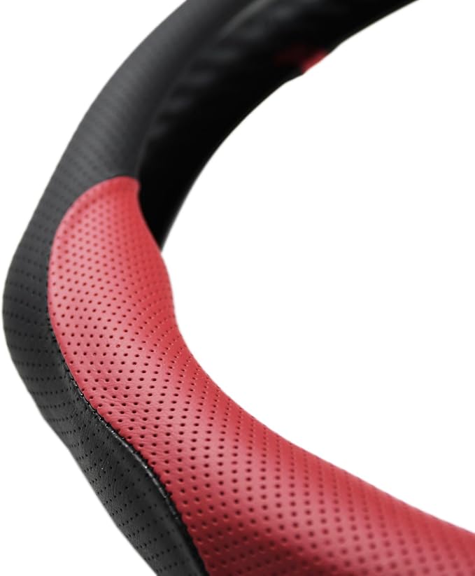 Quick Install Enhanced Control Sporty Nappa Leather Steering Wheel Cover, Odorless Sweat-Proof Non-Slip Protector Universal Fit for 14.5-15 Inch Car SUV Truck Bordeaux Red