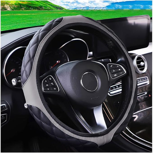 15 Inch Car Leather Steering Wheel Cover, Automotive Accessories Elastic Breathable Anti-Slip Soft Wheel Protector Fits Men and Women, Suitable for SUVs, Trucks, Vehicles and RVs (Gray)