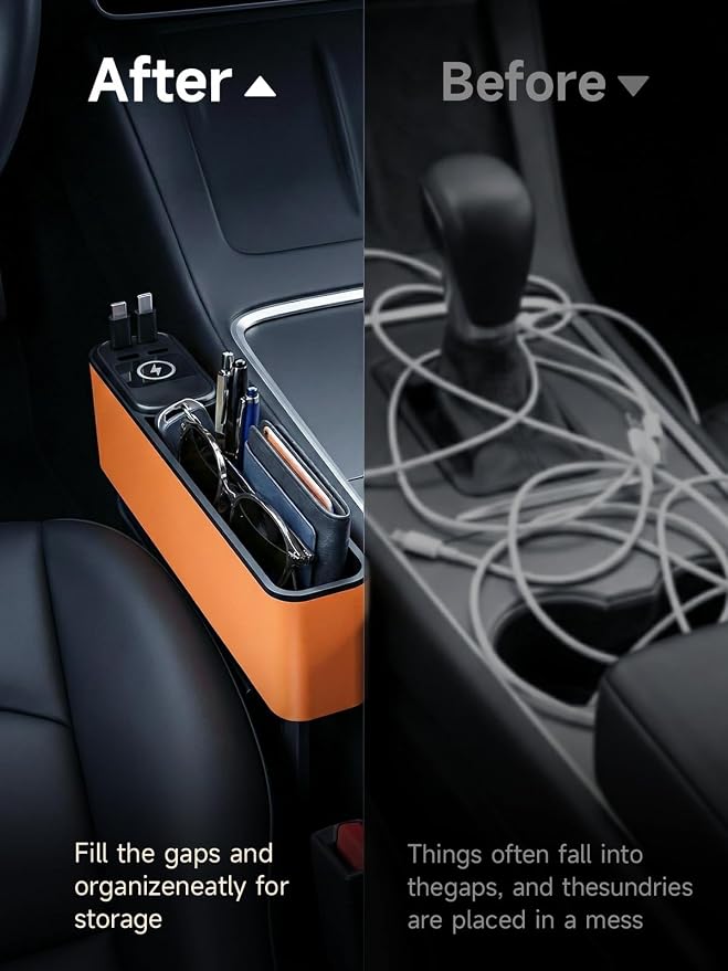 Elecshion Car Seat Gap Filler Organizer with 69W Retractable Car Charger | 2 USB Ports and 2 Charging Cable Car Seat Organizer, Seat Gap Storage Box for Sedans Suv Truck, Car Interior Accessories