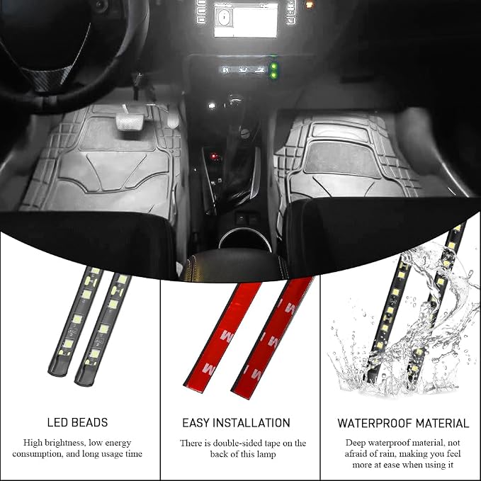 Car LED Strip Light, Car Interior Lights, 12V 24 LED Auto Under Dash Atmosphere Lights with USB Port, Auto Atmosphere Under Dash Lighting Kit for Vehicles (White, USB)