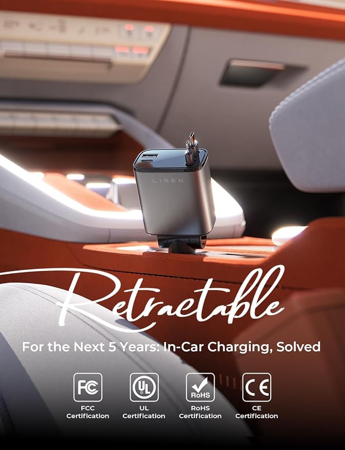 LISEN Retractable Car Charger USB C [Upgraded Dual Type C] 75W Fast 4 in 1 | Car Charger for iPhone 17, Road Trip Essentials Gifts for Men Women, Car Accessories for Galaxy S26 Phone 17e 16 15 Pro Max