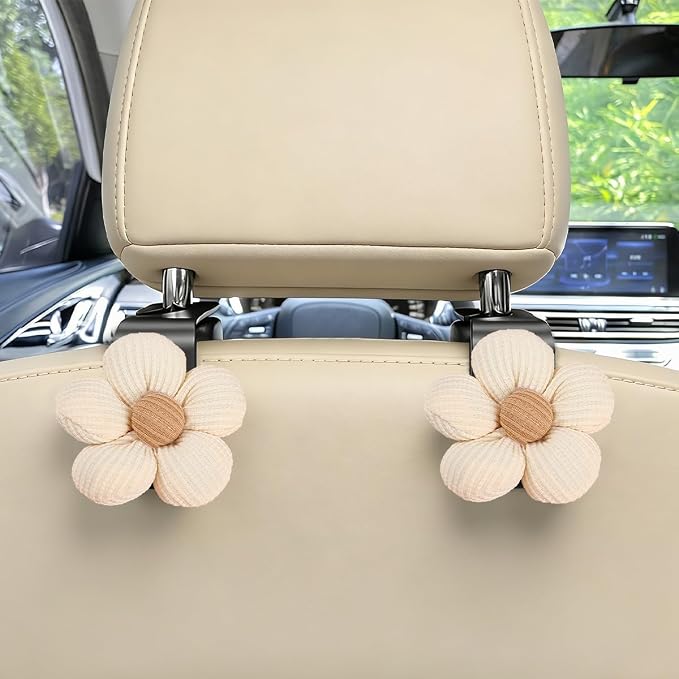 2PCS Car Seat Headrest Hook, Cute Flower Vehicle Backseat Purse Handbag Storage Hanger, Floral Auto Seat Back Holder Hook for Coat Umbrella Grocery, Universal for Vehicles (Beige)