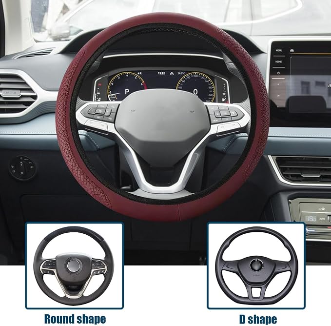 Car Steering Wheel Cover, Universal 14.5-15 Inch Wine Leather Steering Wheel Wrap with Better Sport Grip for Men Women, Anti-Slip Breathable Car Interior Accessories for Most Vehicles (Wine red2)