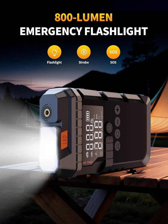 Portable Battery Jump Starter with Air Compressor for Car | 12V Jump Box with 160PSI Tire Inflator for Car Battery, LED Display for All Gas & 12L Diesel Engines, Light, Jumper Cables