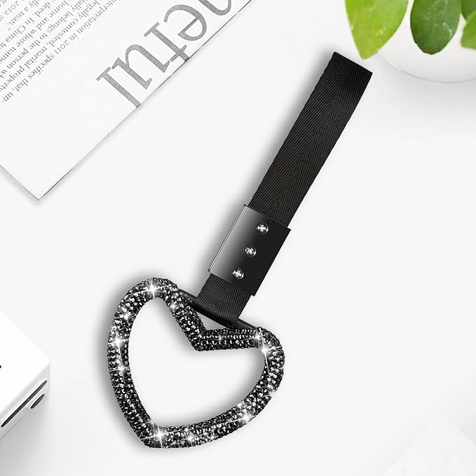 NBTEPEM Bling Heart Handle Ring Bling Car Accessories for Women Handle Strap Drift Charm Rear Bumper Warning Ring Tsurikawa Heart Decor for Car Interior Exterior Decoration (Black, Heart Style)