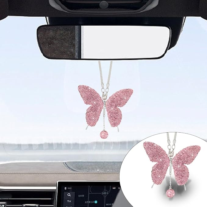 JOYCOURT Bling Butterfly Diamond Car Hanging Accessories for Women, Pink | Crystal Butterfly Rear View Mirror Luck Car Decoration Accessories, Valentine's Day Presents Ornament Pendant for All Cars