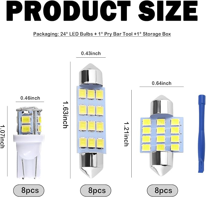 24PCS Interior Car Lights LED Kit,Super Bright 6500K Interior Dome Light for Side Marker/Map/License/Trunk Light,Upgrade T10/31mm/42mm Car Lights Interiors Kit with Pry Tool (White)