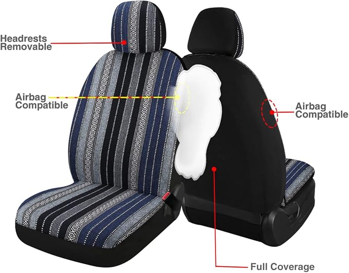 Baja Saddle Blanket Car Seat Covers 9PCS Full Set, Breathable and Washable Striped Woven Automotive Vehicle Seat Cover, Universal Seat Cover for Sedan, SUV, Truck, Airbag Compatible