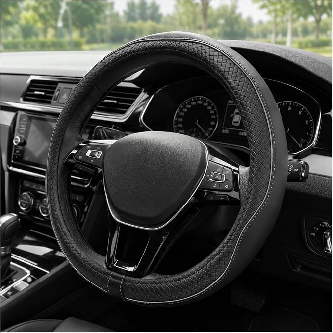 Car Steering Wheel Cover, 15 Inch Anti-Slip Breathable Leather Auto Steering Wheel Protector, Full Surround Soft Steering Wheel Cover for Men Women, Car Interior Accessories (Black & Gray)