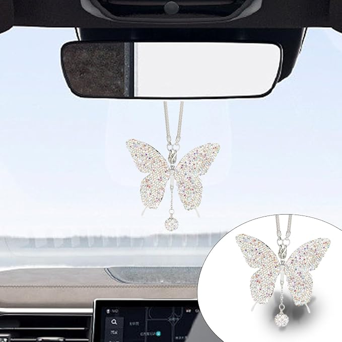 JOYCOURT Bling Butterfly Diamond Car Hanging Accessories for Women, AB | Crystal Butterfly Rear View Mirror Luck Car Decoration Accessories, Valentine's Day Presents Ornament Pendant for All Cars