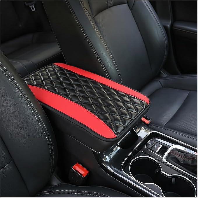 Moly Magnolia Car Center Console Cushion Pad, Universal Leather Waterproof Armrest Seat Box Cover Protector,Comfortable Car Decor Accessories Fit for Most Cars, Vehicles, SUVs (Black Red)