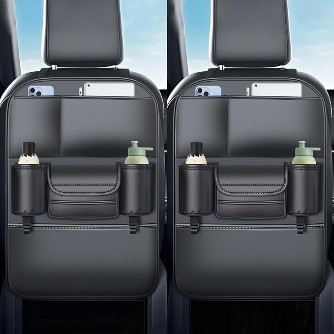 Backseat Car Organizer Leather Back of Seat Car Organizers | Seat Back Protector for Drivers with Large Capacity 6 Storage Pockets Waterproof Kick Mats, 2 Pack