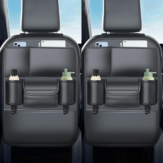 Backseat Car Organizer Leather Back of Seat Car Organizers | Seat Back Protector for Drivers with Large Capacity 6 Storage Pockets Waterproof Kick Mats, 2 Pack