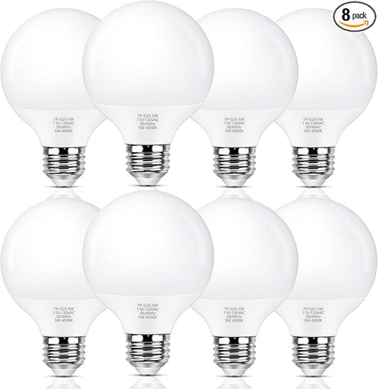 MAXvolador G25 LED Globe Light Bulbs Neutral White 4000K, Round Vanity Light Bulb 60W Equivalent, E26 Base Bathroom Mirror Light Bulbs, 500LM, Non-Dimmable, 8-Pack