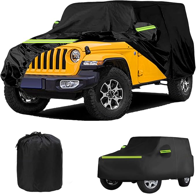 Waterproof Car Cover for J-eep Wrangler 4 Door 1987-2026, Outdoor Waterproof Sun Rain Snow Hail Protection with Driver Door Zipper for J-eep Covers Fits JK JL TJ YJ CJ