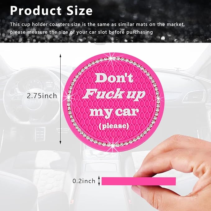 Ziciner 2 Pack Bling Car Cup Holder Coasters with Start Stop Button Cover, 2.75 inch Crystal Rhinestone Soft Rubber Auto Cup Insert Pad, Non-Slip Universal Vehicle Interior Accessories (Rose Red)