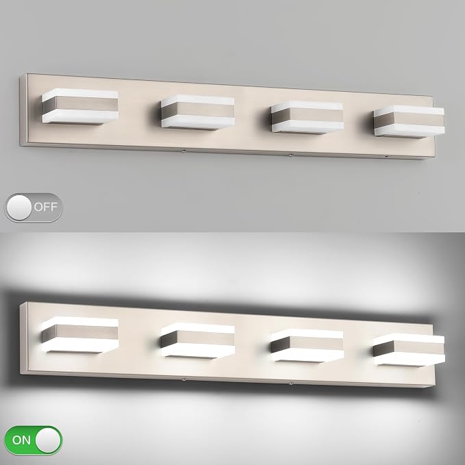 SOLFART Bathroom Light Fixtures Brushed Nickel Vanity Lights for Bathroom Above Mirror, 4 Light Led Lighting Fixture, Nickel Vanity Light,5 Color Temperature Adjustable Light Over Mirror ETL Listed
