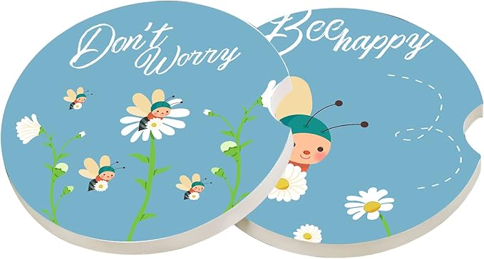 LogHog 2.56" Ceramic Car Coasters - Adorable Bee Design: Don't Worry, Bee Happy - Perfect Auto Cup Holders for Car, Absorbent, Durable