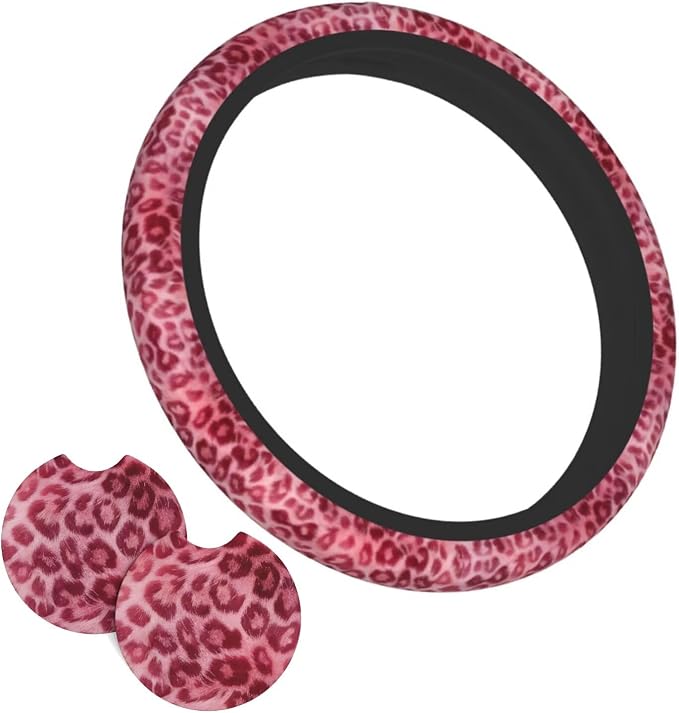 Pink Leopard Print Steering Wheel Cover Pink Cheetah Print Steering Wheel Cover Anti-Slip Breathable for 15 in Universal 2 Pcs Car Interior Cup Holder Pad for Men Women