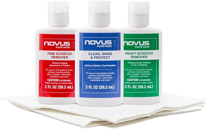 NOVUS-PK1-2 | Plastic Clean & Shine #1, Fine Scratch Remover #2, Heavy Scratch Remover #3 and Polish Mates Pack | 2 Ounce Bottles