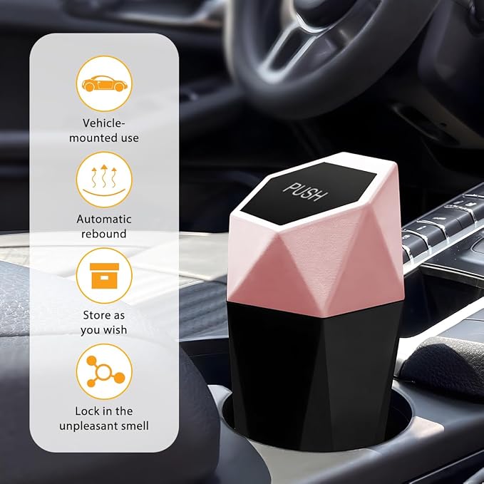 Car Trash Can with Lid, Mini Leakproof Fragrance Vehicle Cup Holder Garbage Bin for Console Door, Small Portable Auto Interior Dustbin Organizer Accessories, Universal Fit (Pink)