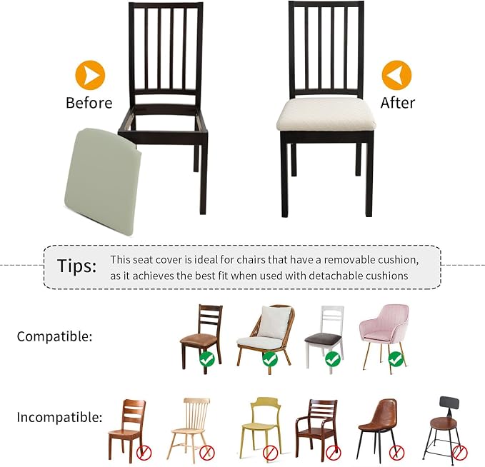 Fuloon Waterproof Seat Cushion Covers 4 PCS, Stretch Jacquard Chair Seat Covers Washable Dining Room Chair Slipcovers Removable Kitchen Cushion Protector (4, Waterproof-Beige)
