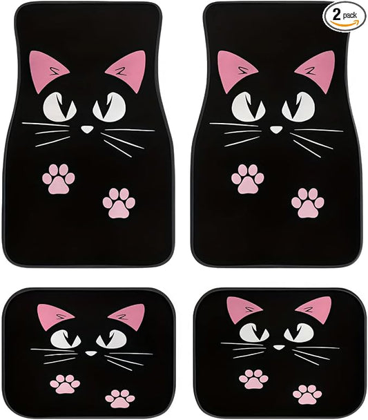 Universal Fit Car Floor Mats Set of 4Pcs, Pink Cartoon Cat All-Weather Front Rear Car Carpet Mats, Non-Slip Car Floor Mat Car Accessories for Automotive Trucks SUV Sedans Vans