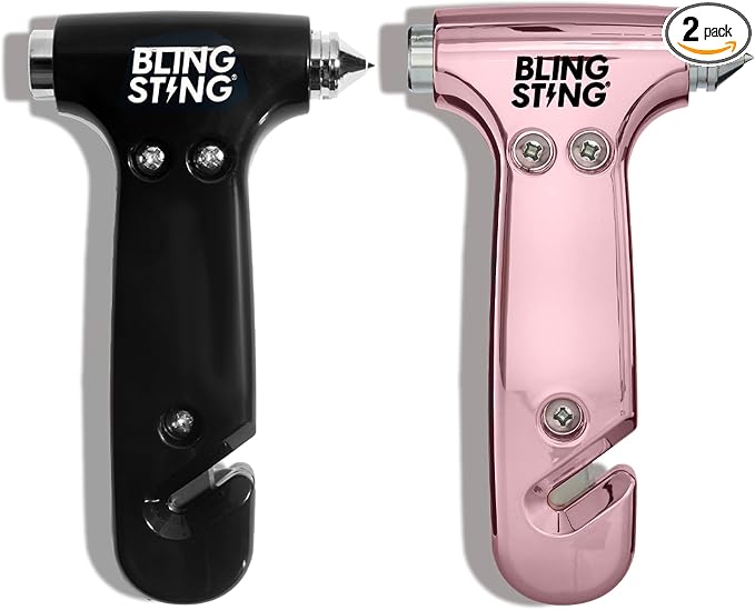 BLINGSTING Car Emergency Escape Hammer, Seatbelt Cutter, Window Breaker Tool, Interior Visor Strap, New Driver Vehicle Safety Essentials, Cute Car Accessories for Women - Black & Pink, 2 Count