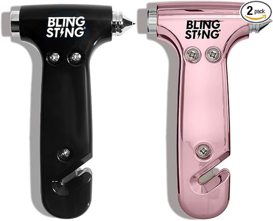 BLINGSTING Car Emergency Escape Hammer, Seatbelt Cutter, Window Breaker Tool, Interior Visor Strap, New Driver Vehicle Safety Essentials, Cute Car Accessories for Women - Black & Pink, 2 Count