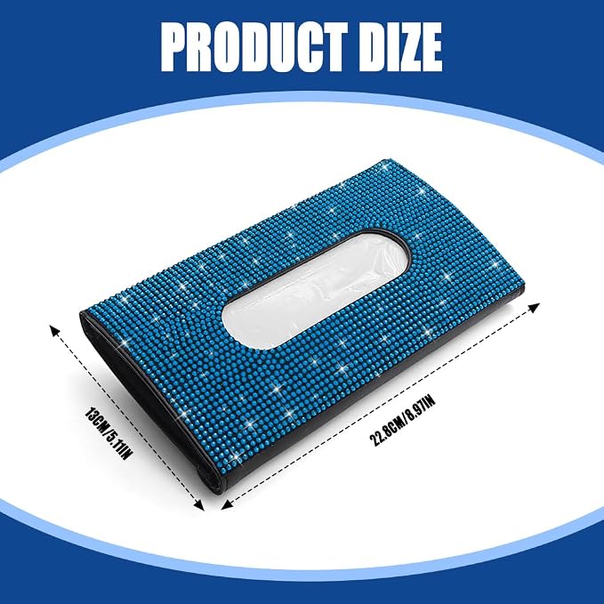 Bling Car Sun Visor Tissue Box Holder, Visor Accessories, Rhinestone PU Leather Crystal Sparkling Napkin Holder, Auto Sun Visor Paper Towel Cover Case Accessories for Most Cars (Blue)