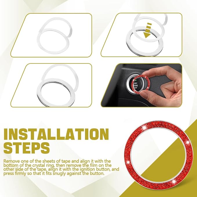 2PCS Bling Car Crystal Rhinestone Ring Emblem Sticker, Push to Start Button Cover/Sticker, Key Ignition Starter & Knob Ring, Car Interior Decoration Bling Car Accessories for Women