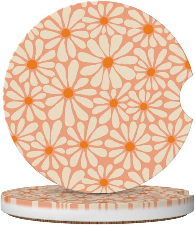 Orange Floral Car Coasters for Cup Holders,2 Pack Car Cup Holder Coasters for Car,Ceramic Absorbent Car Coaster with A Finger Notch and Cork Base,Car Interior Accessories for Women Men