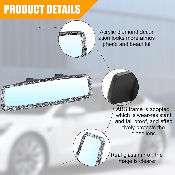 Osilly Bling Car Rearview Mirror, Decorations Rear View Mirror with Crystal Rhinestones & Diamonds, Car Interior Trim Accessories, Clip-on & HD Glass, Sparkly Gift (AB Color+Purple)