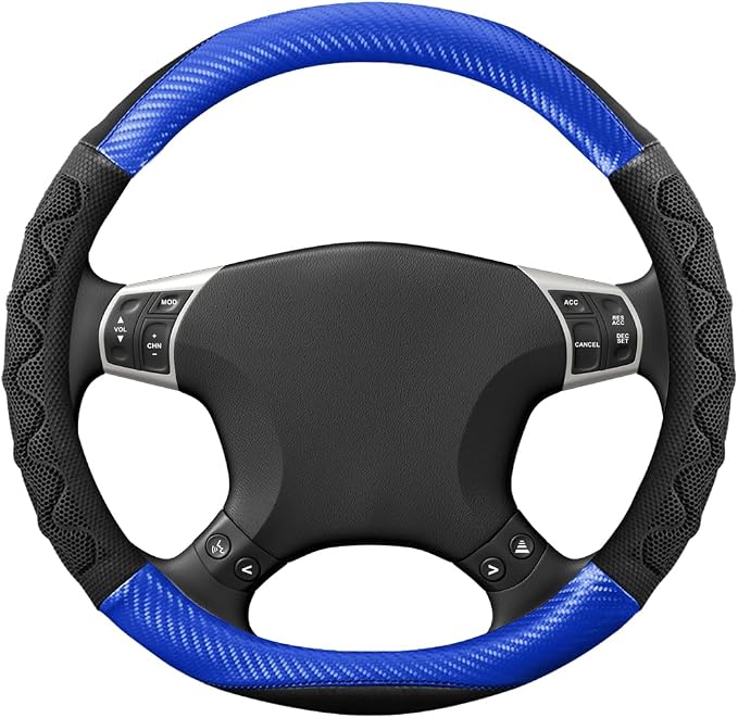 HZEL Car Steering Wheel Cover, Carbon Fiber Breathable Soft Grip Vehicle Steering Wheel Protector with Anti-Slip Lining, Automotive Interior Protective Decor Accessories, Universal Fit (Blue)
