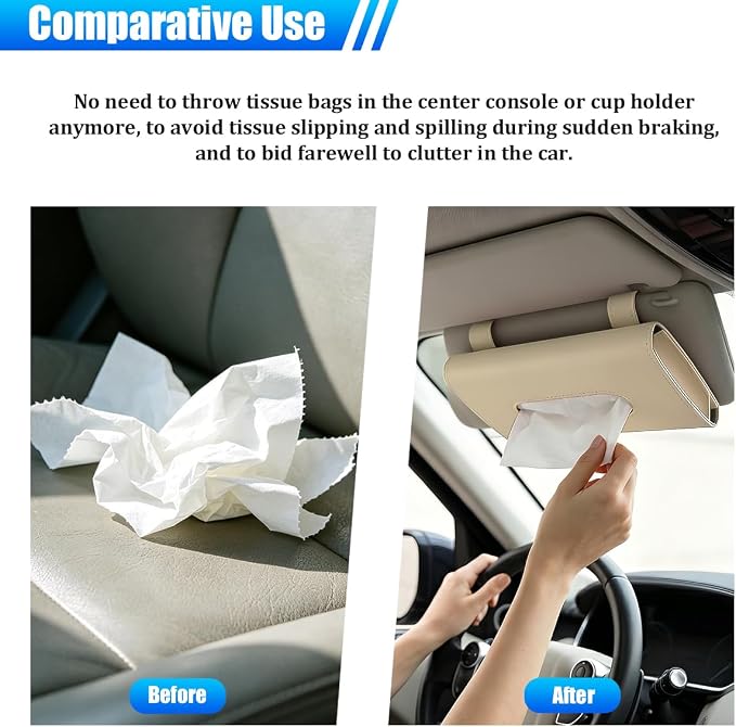 Car Tissue Holder, Rectangle Vehicle Sun Visor Napkin Case with Ergonomic Take Out Port, Automotive Interior Sunshade Tissue Box Organizer, Universal for SUV RV Truck (Khaki)