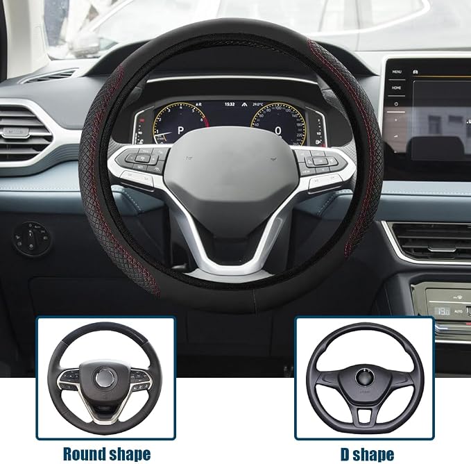 Car Steering Wheel Cover, Universal 14.5-15 Inch Black Leather Steering Wheel Wrap with Better Sport Grip for Men Women, Anti-Slip Breathable Car Interior Accessories for Most Vehicless (Black red2)