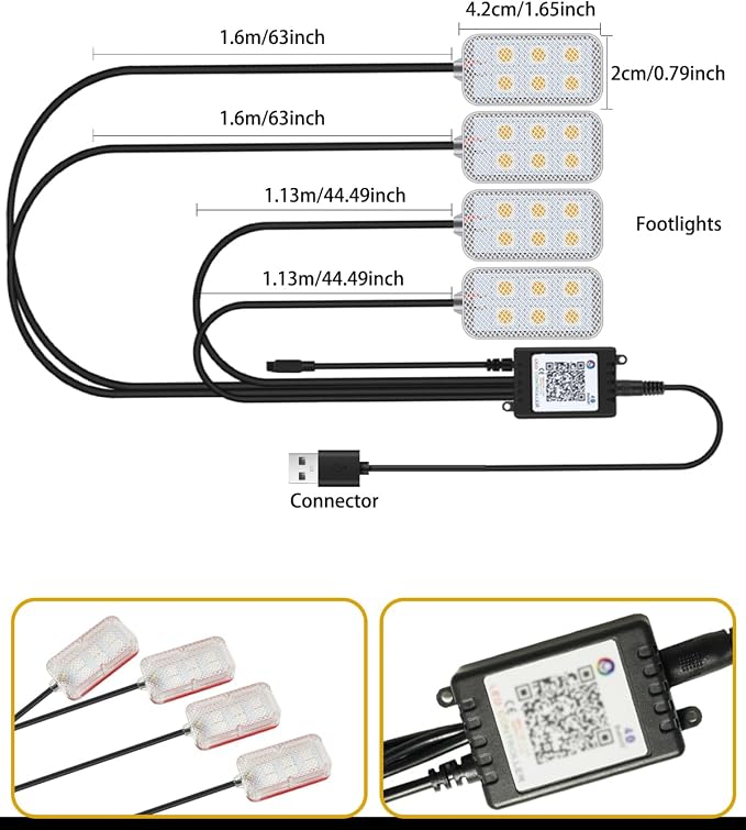 YONGMING Car LED Interior Lights, RGB USB Mood Lighting with Music Sync | APP-controlled RGB LED strip lights with music-activated modes for car footwell, console and interior ambient lighting.