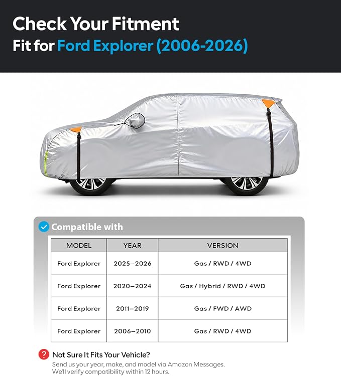 Wigoo Ford Explorer Car Cover Accessories 2006-2026, Custom Fit Waterproof All Weather Outdoor Indoor Full SUV Cover, Windproof Sun UV Rain Snow Dust Protection, Door Zipper, Reflective Strips