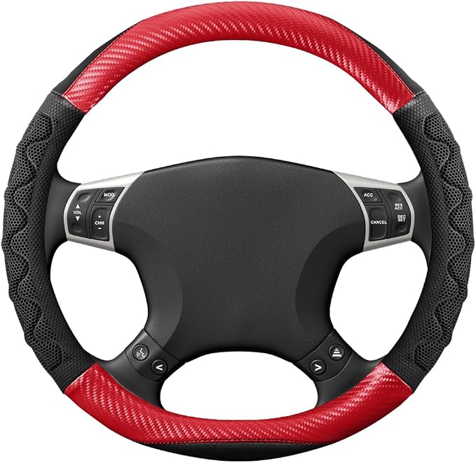 HZEL Car Steering Wheel Cover, Carbon Fiber Breathable Soft Grip Vehicle Steering Wheel Protector with Anti-Slip Lining, Automotive Interior Protective Decor Accessories, Universal Fit (Red)