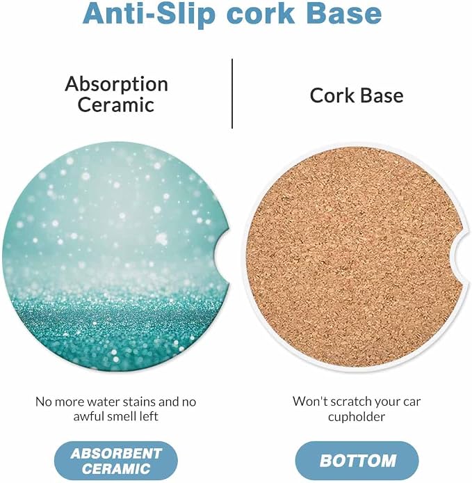 Teal Sparkle 2 Pack Car Cup Holder Coaster Anti Slip Insert Absorbent Ceramic Car Coaster with Cork Base and Finger Notch Cute Car Accessories Interior for Women Men