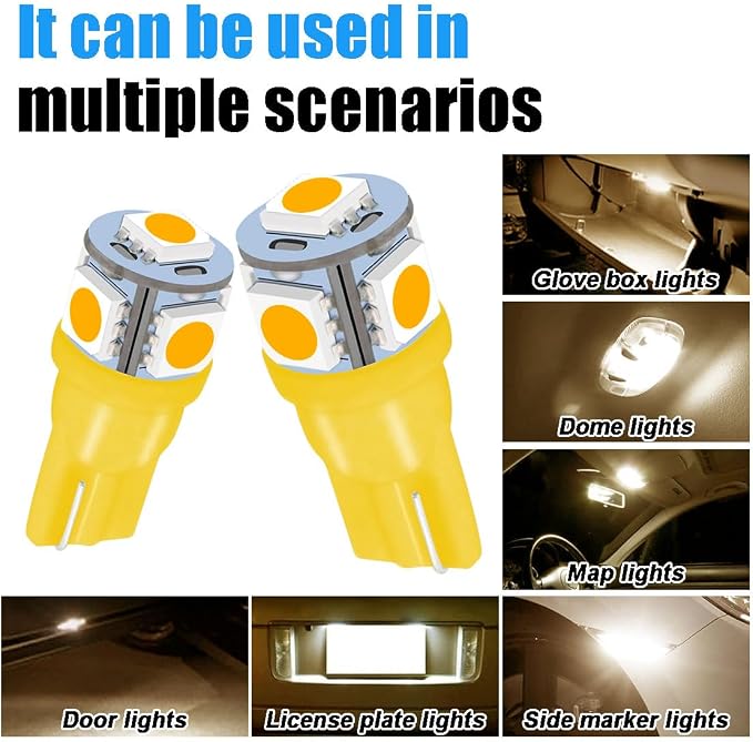 smilfuy 2PCS T10 194 LED Bulbs Tag Lights for License Plate, 6000K Yellow | Wedge 168 T10 2825 5SMD 5050 Chips LED Bulb, 12V Bulb Replacement for Car Interior Dome Map Door Courtesy License Plate Light