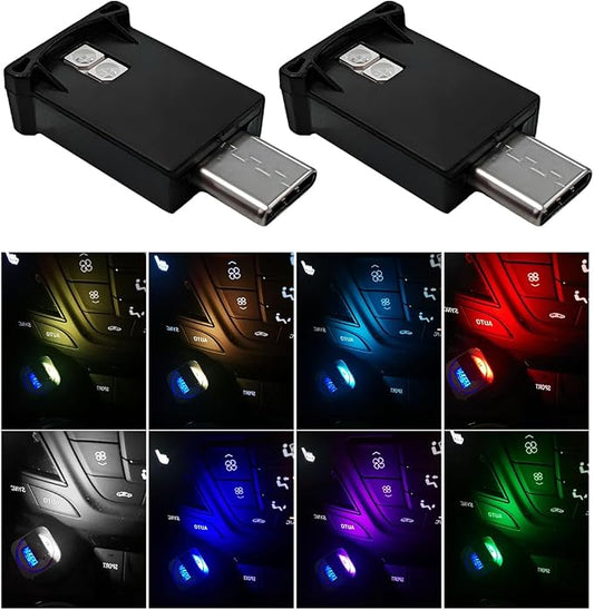 2PCS USB Type C LED Ambient Light, 8 Colors RGB LED Car Atmosphere Lamp with Adjustable Brightness, 5V Plug-in USB Night Lights Interior Decoration for Vehicle Home Office