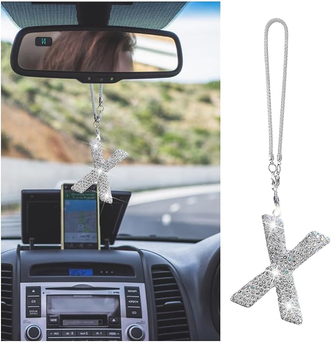 Bling Car Rear View Mirror Letter Charm, Crystal Rhinestone Rear View Mirror Hanging Ornament, Automotive Interior Rearview Mirrors Decoration Accessories, Universal for Vehicles(X)