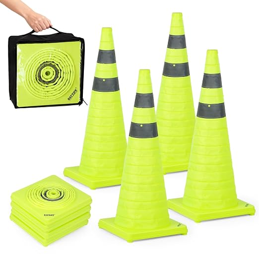 BATTIFE [4 Pack] 28 Inch Collapsible Traffic Cones, Lime Green Safety Cones, Pop-up Cones with Reflective Collar, for Driving Practice,Road Parking (Green)