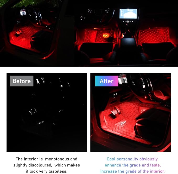 Ohleats Car LED Strip Light, 48 LED RGB Auto Interior Atmosphere Lights, Cigarette Lighter Under Dash Ambient Night Light, Interior Lamp Lighting Kit (Red, Cigarette Lighter)